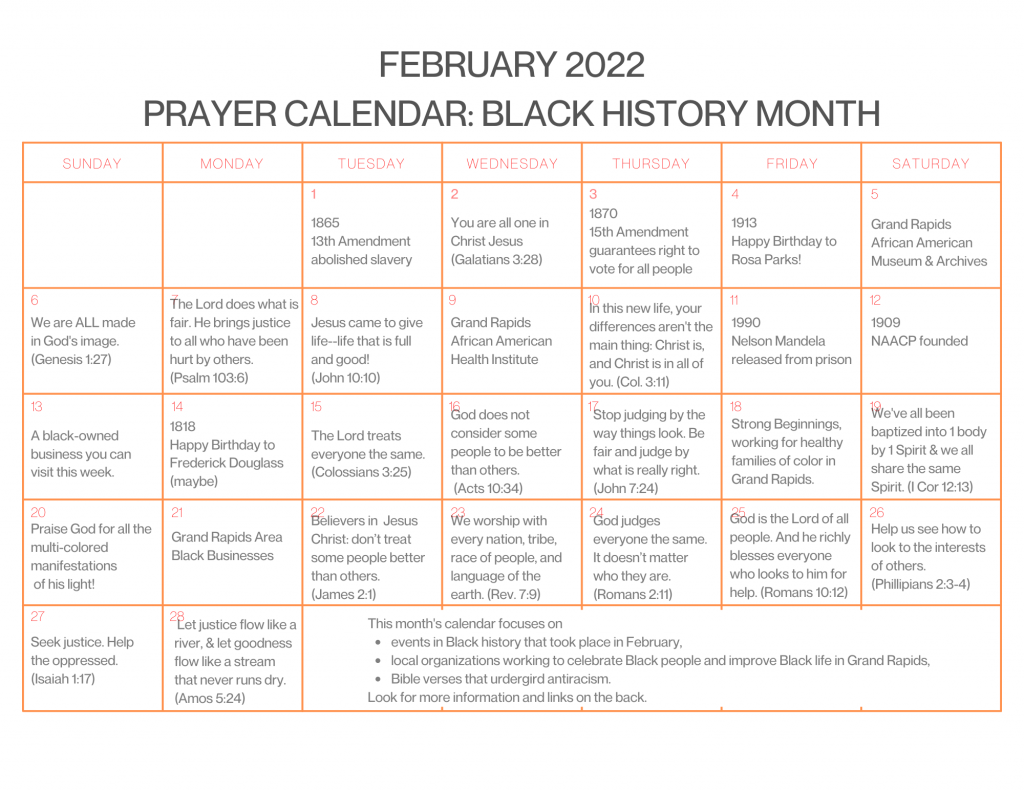 February 2022 Prayer Calendar, Black History Month